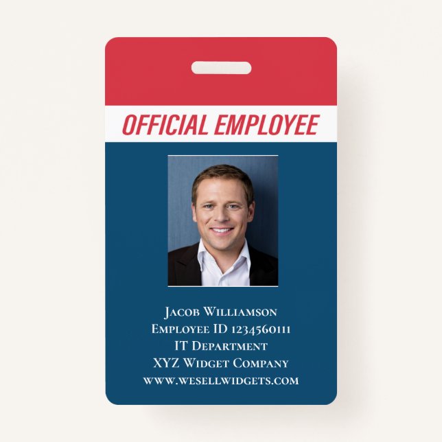 Personalized Red Blue Photo ID Employee Badge (Front)