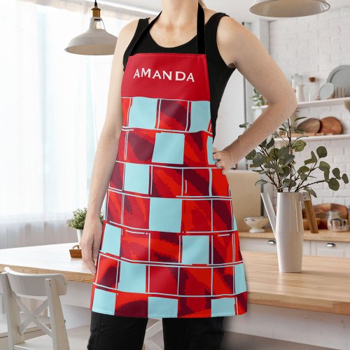 Personalized Red Blue Plaid Pattern Name Apron