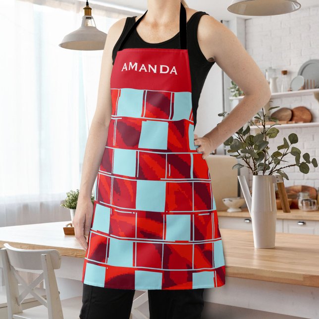 Personalized Red Blue Plaid Pattern Name Apron (Creator Uploaded)