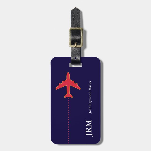personalized red/blue travel airplane luggage tag (Front Vertical)
