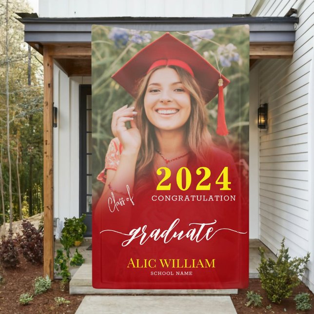 Personalized Red Boho Photo Graduation Party  Banner (Your Graduation, Your Way—Personalize Today!)