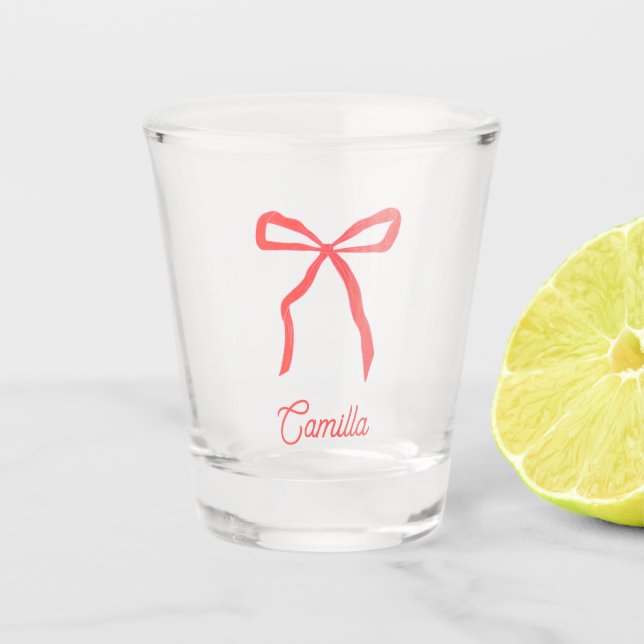 Personalized Red Bow Christmas Party Favor Shot Glass (Front)