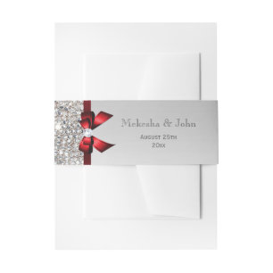 Personalized Red Bow & Diamonds Wedding Invitation Belly Band