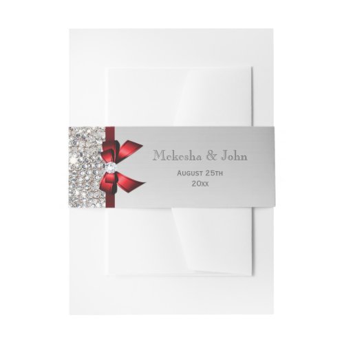 Personalized Red Bow  Diamonds Wedding Invitation Belly Band