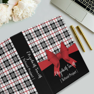 Personalized Red Bow Ribbon Black Tartan Plaid 3 Ring Binder
