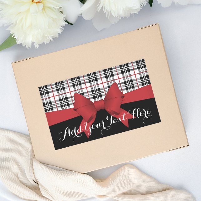 Personalized Red Bow Ribbon Black Tartan Plaid Rectangular Sticker (Creator Uploaded)