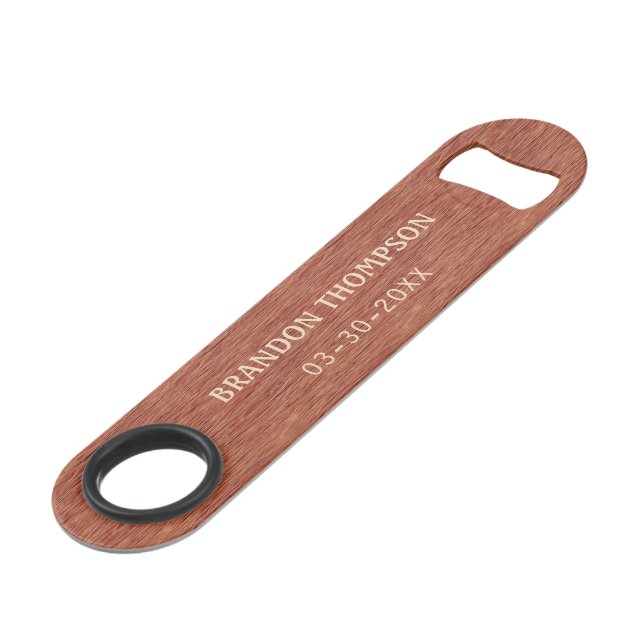 Personalized Red Brown Classy Wood Grain Pattern Bar Key (Front Angled)