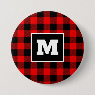 Personalized red buffalo Christmas plaid Button