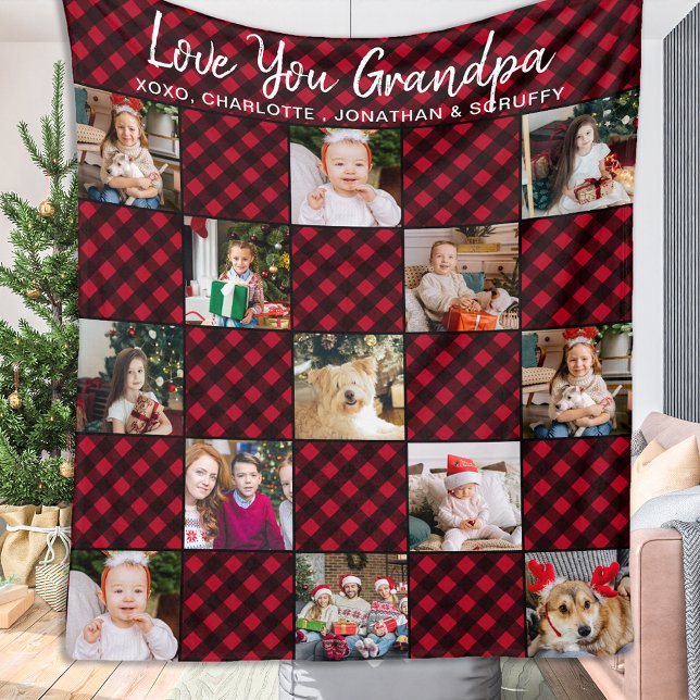 Personalized Red Buffalo Plaid 13 Photo Collage  Fleece Blanket (Creator Uploaded)