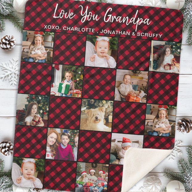 Personalized Red Buffalo Plaid 13 Photo Collage Sherpa Blanket (Creator Uploaded)