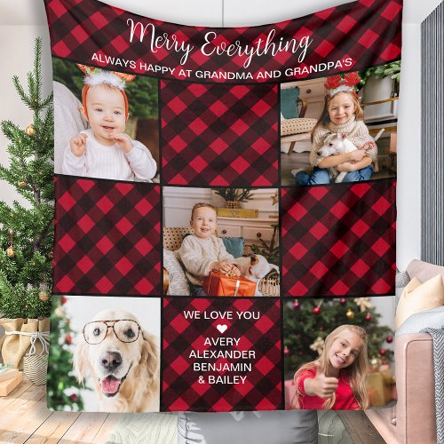 Personalized Red Buffalo Plaid 5 Photo Collage Fle Fleece Blanket