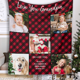 Personalized Red Buffalo Plaid 5 Photo Collage Fleece Blanket