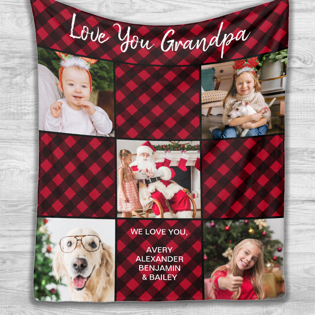 Personalized Red Buffalo Plaid 5 Photo Collage Fleece Blanket