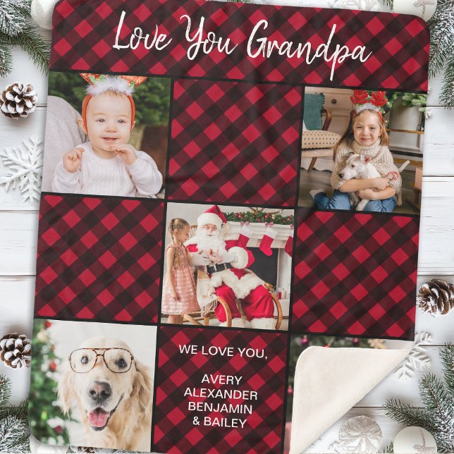 Personalized Red Buffalo Plaid 5 Photo Collage Sherpa Blanket (Creator Uploaded)