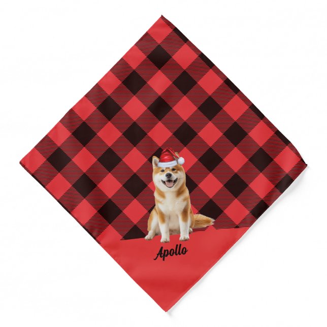 Personalized Red Buffalo Plaid Akita Dog Christmas Bandana (Front)
