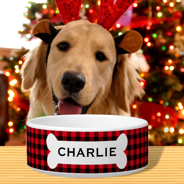 Personalized Red Buffalo Plaid Christmas Dog Bowl
