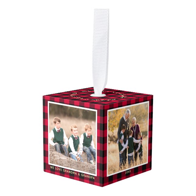 Personalized Red Buffalo Plaid Christmas Photo Cube Ornament (Front Angled)