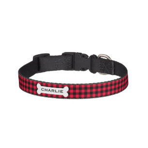 Personalized Red Buffalo Plaid Dog Bone Name Bow Pet Collar