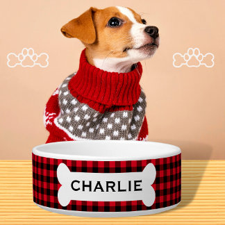 Personalized Red Buffalo Plaid Dog Bone Name Bowl