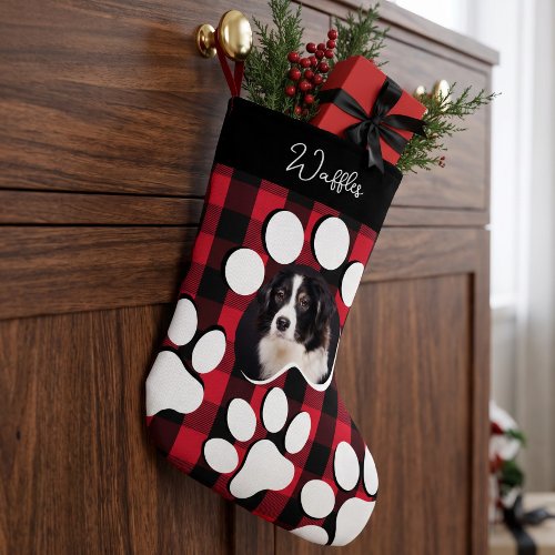 Personalized Red Buffalo Plaid Pet Dog Cat Photo Small Christmas Stocking