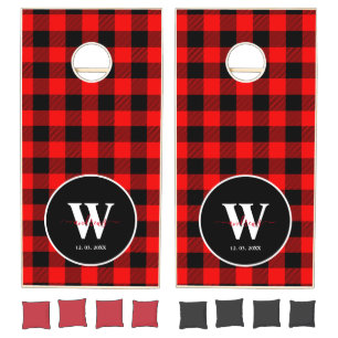 Personalized red buffalo signature wedding cornhole set