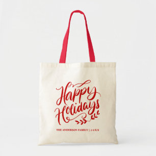 Personalized Red Calligraphy Happy Holidays Tote Bag