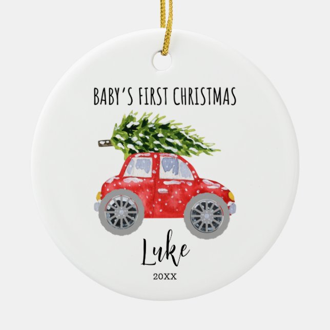 Personalized Red Car Circle Christmas Ornament (Front)