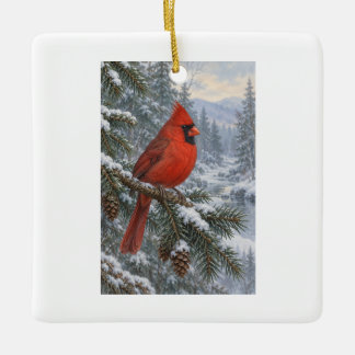 Personalized Red Cardinal Christmas Name and Year Ceramic Ornament