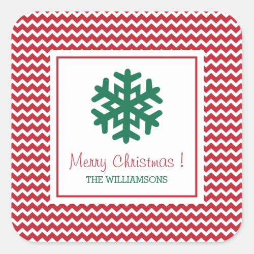 Personalized Red Chevron Snowflake Merry Christmas Square Sticker