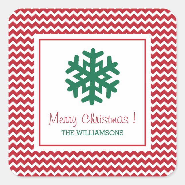 Personalized Red Chevron Snowflake Merry Christmas Square Sticker (Front)