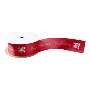 Personalized red Christmas ribbon with Holly leaf