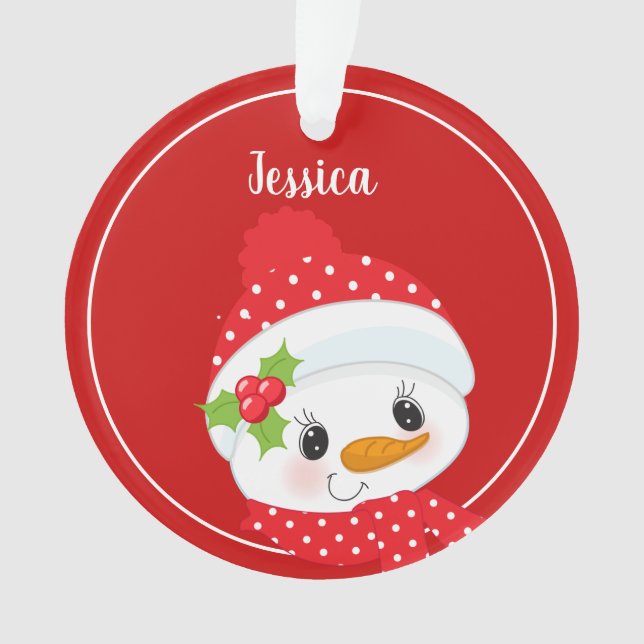 Personalized Red Christmas Snowman Year Ornament (Front)