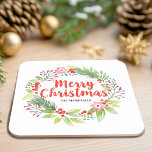 Personalized Red Christmas Square Paper Coaster<br><div class="desc">An elegant decorative Christmas holiday wreath paper coaster. Personalize it with your family name,  or for a Christmas gift. A pretty decoration for your Christmas kitchen. Designed for you by Blackberry Boulevard.</div>
