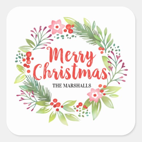 Personalized Red Christmas Wreath Square Sticker