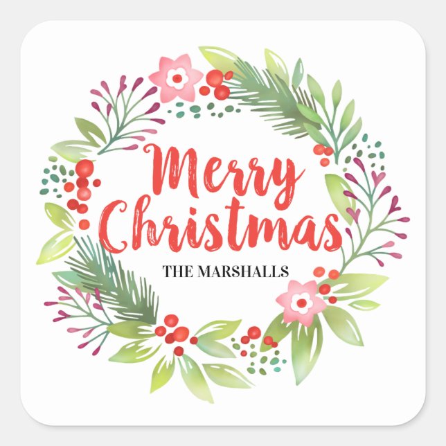 Personalized Red Christmas Wreath Square Sticker (Front)