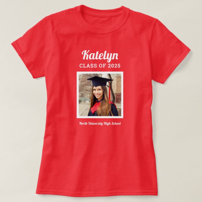 Personalized Red Class of 2025 Graduation Photo T-Shirt (Design Front)