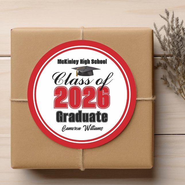 Personalized Red Class of 2026 Graduation Party Classic Round Sticker (Creator Uploaded)