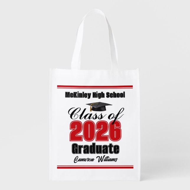Personalized Red Class of 2026 Graduation Party Grocery Bag (Front)