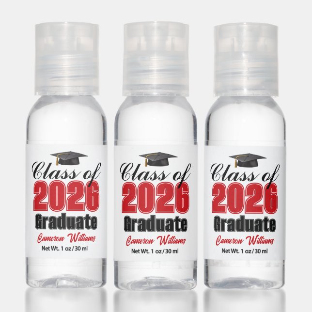 Personalized Red Class of 2026 Graduation Party Hand Sanitizer (Set)