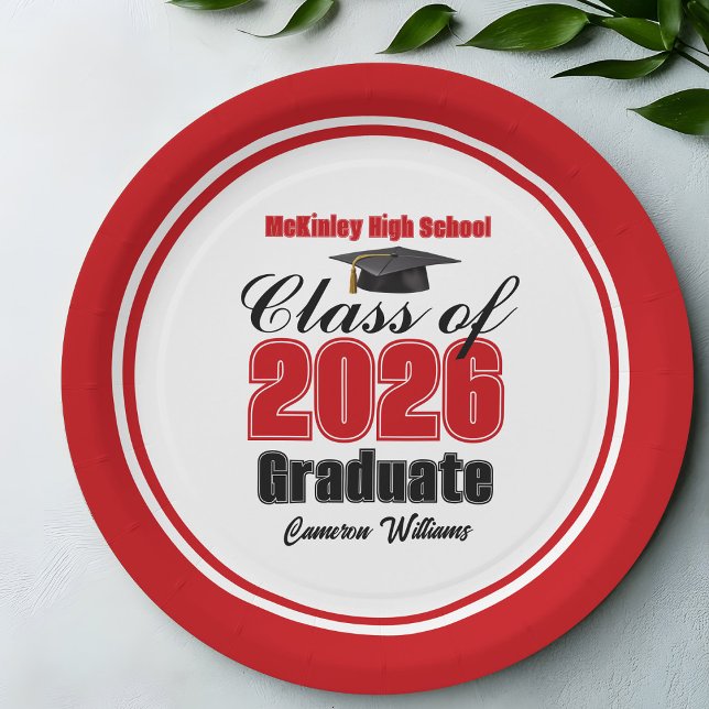 Personalized Red Class of 2026 Graduation Party Paper Plates (Creator Uploaded)