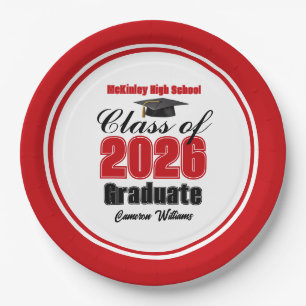 Personalized Red Class of 2026 Graduation Party Paper Plates
