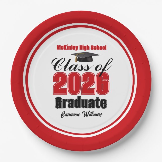 Personalized Red Class of 2026 Graduation Party Paper Plates (Front)