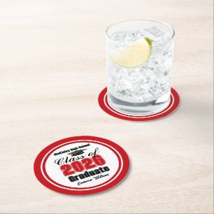 Personalized Red Class of 2026 Graduation Party Round Paper Coaster