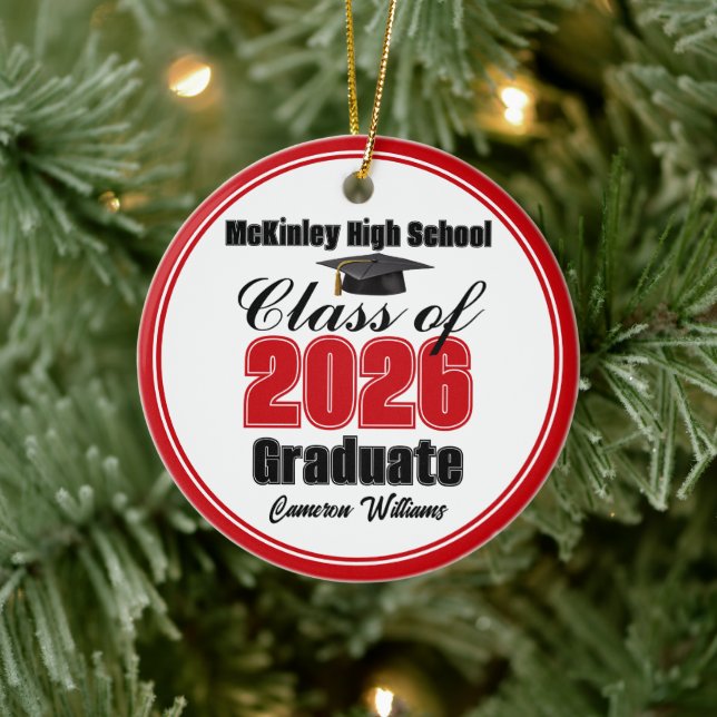 Personalized Red Class of 2026 Graduation Photo Ceramic Ornament (Tree)