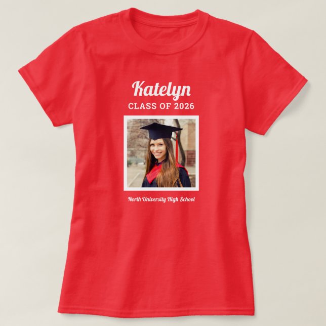 Personalized Red Class of 2026 Graduation Photo T-Shirt (Design Front)