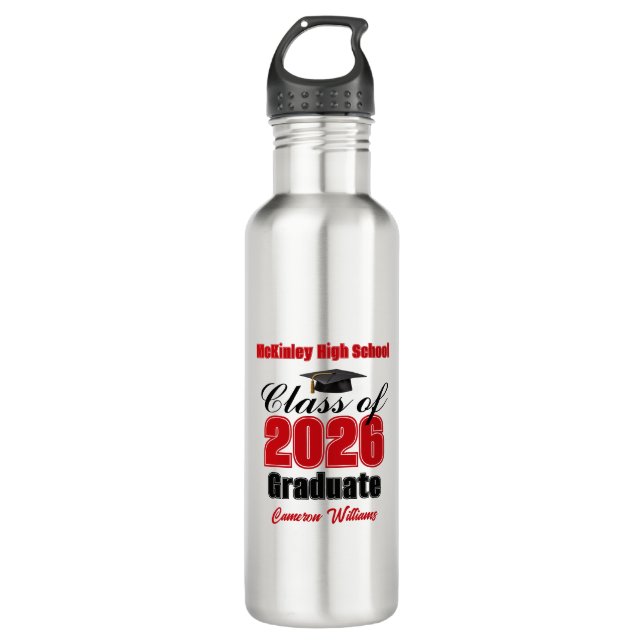 Personalized Red Class of 2026 Graduation Stainless Steel Water Bottle (Front)
