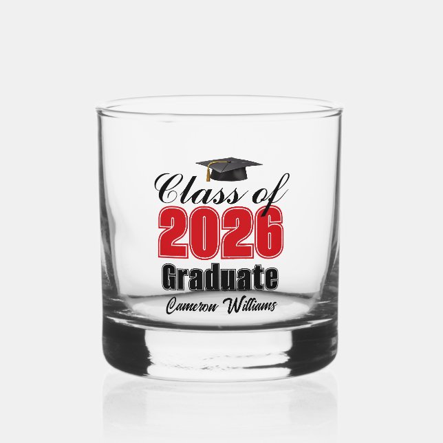 Personalized Red Class of 2026 Graduation Whiskey Glass (Front)