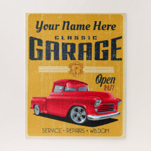 Personalized Red Classic Truck Garage Jigsaw Puzzle