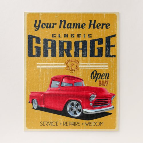 Personalized Red Classic Truck Garage Jigsaw Puzzle