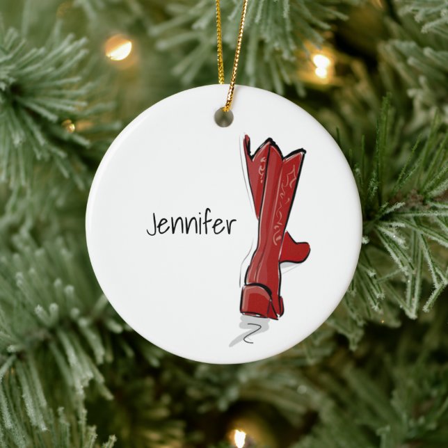 Personalized Red Cowboy Boots Western Holiday Gift Ceramic Ornament (Tree)